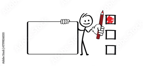 Fototapeta Mascotte, vote with a red pencil. Election Day, for people in to voting booth and ballot box. Check List, red cross. Elections, of the first or second chamber elections. Referendum or politic concept.