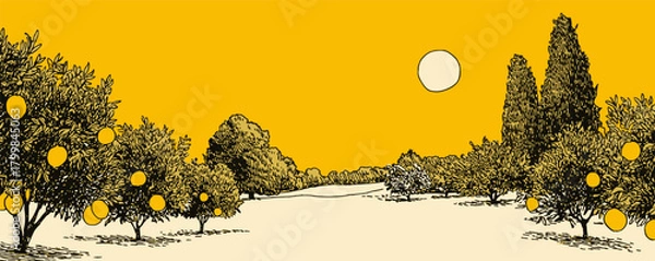 Obraz A yellow background with a sun and trees. The sun is in the middle of the sky and the trees are in the foreground
