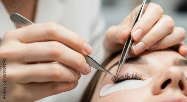 Fototapeta Female beauty technician applying eyelash extensions to a client in a serene salon environment, showcasing precision and care in cosmetic enhancement procedures