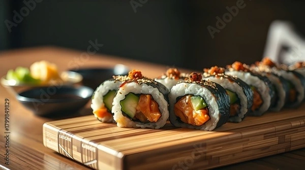 Obraz Fresh Japanese salmon sushi rolls, a gourmet seafood meal or appetizer on a white plate.	