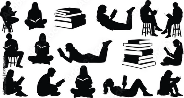 Fototapeta Reading silhouette set with seated, lying, and cross-legged poses plus book stacks in black vector style