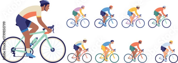 Fototapeta Road cyclist illustration set with diverse outfits, helmets, and bike designs in colorful vector style