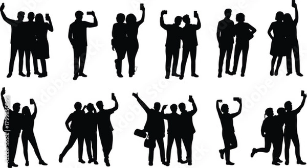 Fototapeta Selfie silhouette illustration set with diverse people posing, jumping, and holding smartphones in black vector style