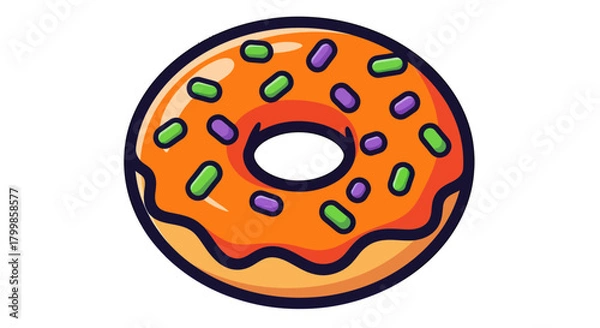 Obraz Cartoon Donut with Orange Glaze and Colorful Sprinkles Illustration.