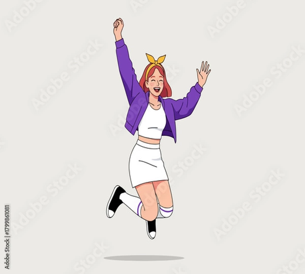 Fototapeta Illustration of a joyful young woman with red hair, wearing a purple jacket and a white skirt, is jumping with excitement isolated on white background