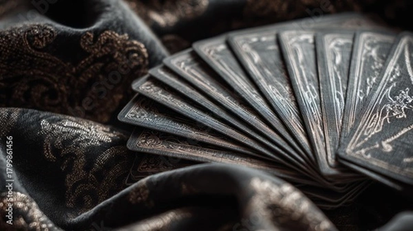 Fototapeta A set of ornate tarot cards arranged in a fan shape on a dark, textured fabric. The cards feature intricate designs and a mystical theme.