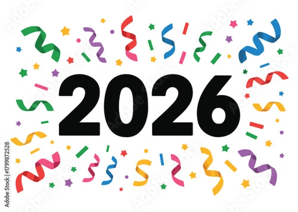 Fototapeta Festive 2026 new year vector graphic with confetti and streamers for holiday celebration designs