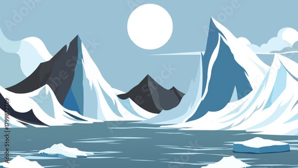 Obraz Arctic Ice Landscape Illustration – Snowy Mountains and Frozen Sea Vector.