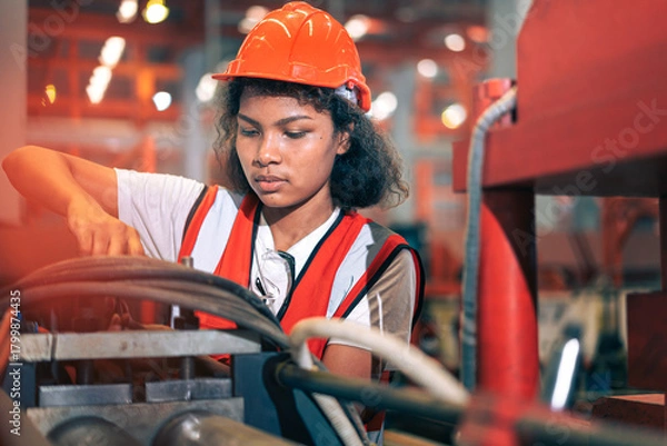 Obraz Professional Black African female factory engineer/worker/technician operate machinery in modern industrial plant. She wear safety helmet,vest show focus,skill in repair maintenance production process