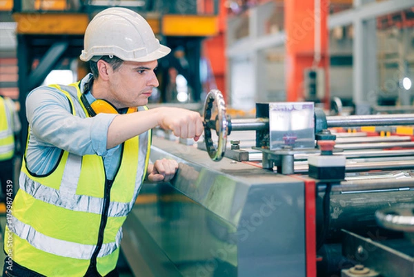 Obraz Smart professional Caucasian quality control,Industrial,factory engineer,technician,worker man in safety helmet operate machine in steel metal sheet production,manufacture worker concept in copy space