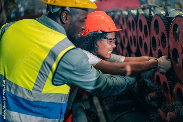 Obraz Female engineer hand trap in big machinery gears factory accident. Male colleague help, demonstrate quick response teamwork. Both wear safety helmet and vest,Industrial workplace,emergency, assistance