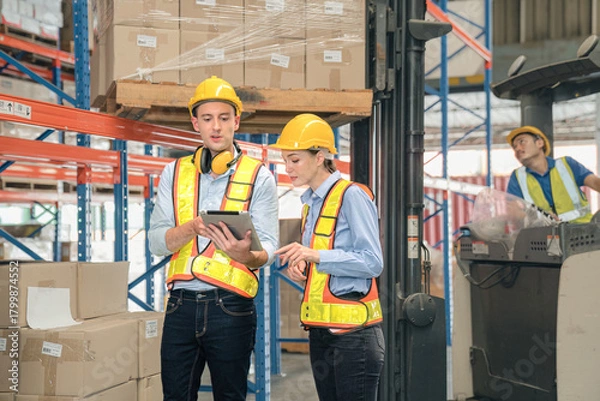 Fototapeta Caucasian man, woman warehouse supervisor discuss and use tablet check package with forklift driver worker load box on shelf, product distribution inventory management,Logistics shipping business plan