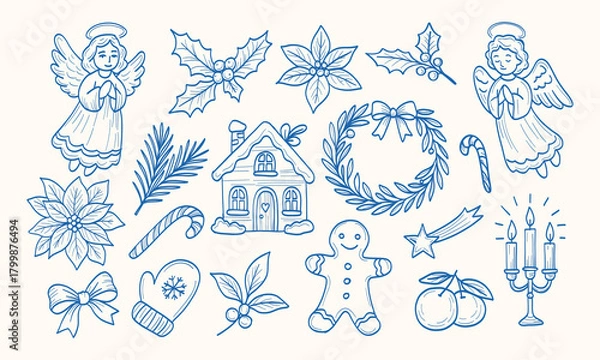 Obraz A blue and white drawing of a Christmas scene with a house, wreath, and angel. The drawing is filled with various symbols and decorations, including a gingerbread man, a candle, and a potted plant