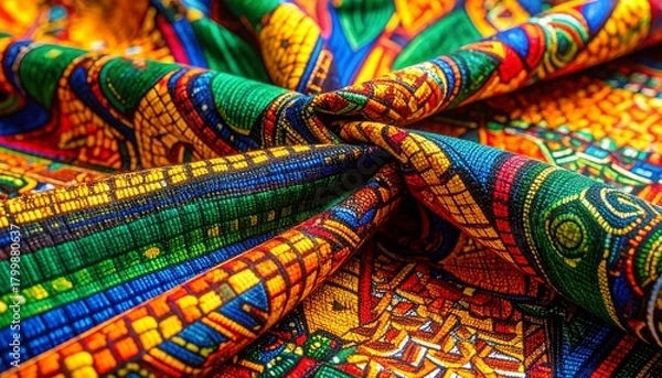 Fototapeta High-Resolution African Kente Fabric Close-up with Vibrant Traditional Patterns. Cultural Heritage for Black Awareness Day.