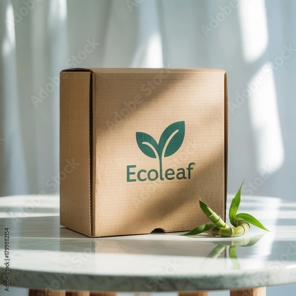 Fototapeta Kraft cardboard box with green leaf logo and bamboo on marble table