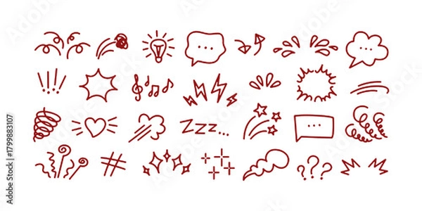 Fototapeta Manga expression. Emotion and motion comic hand drawn elements. Speech bubbles, stars and swirls, lightning and music sound minimal icons for comics and media. Vector set