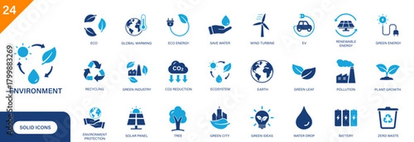 Fototapeta Environment icon. Including renewable energy, ecosystem, EV, green energy, ecology. Solid vector icon set.