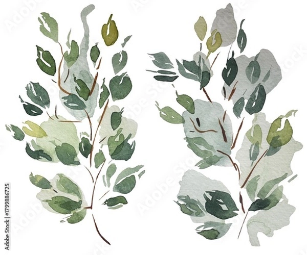 Fototapeta Watercolor leaves, branches, tree, hand drawn image