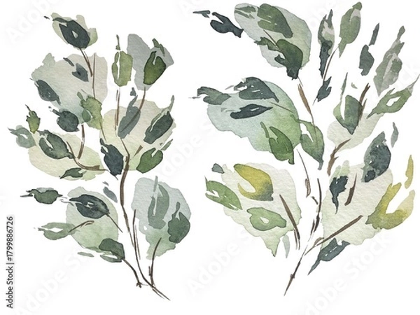 Fototapeta Watercolor leaves, branches, tree, hand drawn image