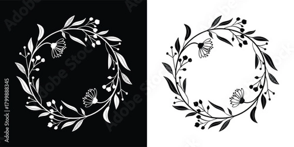 Fototapeta Handdrawn black floral wreath with berries and flowers on a white background, perfect for invitations and decorative designs