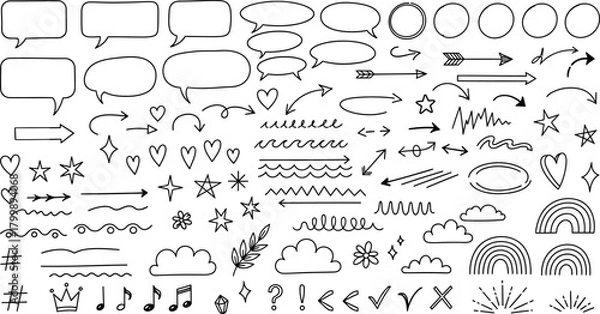 Fototapeta Collection of hand drawn doodle elements including speech bubbles arrows stars clouds and musical notes