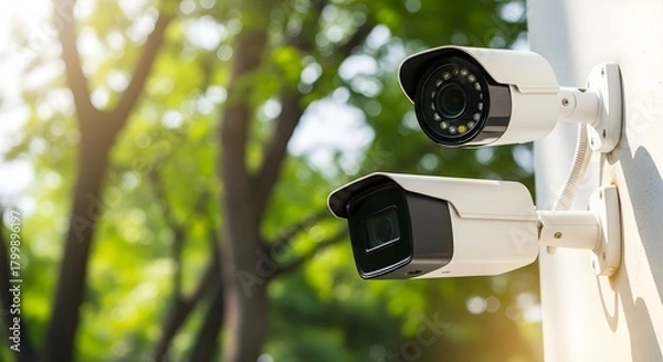 Fototapeta Modern security cameras ensure peace of mind with watchful eye over home or business protecting property and loved ones