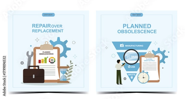 Fototapeta Card set Obsolescence Strategie. Cards displaying repair over replacement approach versus planned obsolescence methodology. Repairability concept ideal for business and industry. Vector illustration