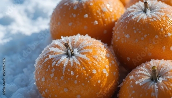 Fototapeta  fresh winter apples covered in light frost resting on a wooden surface in cold outdoor daylight