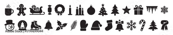 Obraz Black and white christmas and new year icons with festive symbols like gingerbread, sleigh, ornaments, and tree. concept of holiday, winter celebration, decoration, set, seasonal elements.
