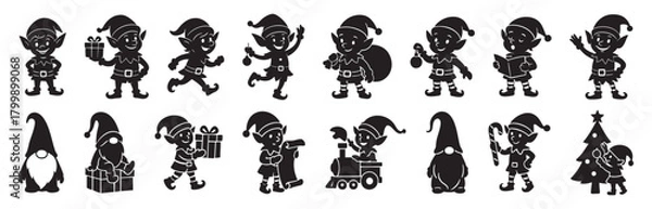 Obraz Black silhouette of cheerful christmas elves and gnomes with gifts, tree, and train, isolated on white background. concept of holiday, fantasy, celebration, festive decor, illustration.