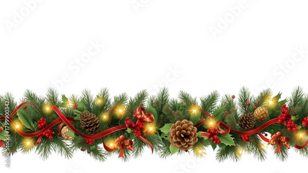 Fototapeta Christmas garland with pine branches, red ribbons, pine cones and glowing lights decor