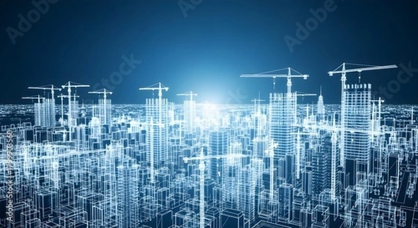 Fototapeta Futuristic glowing city skyline blueprint with construction cranes under a bright blue sky for modern architecture projects