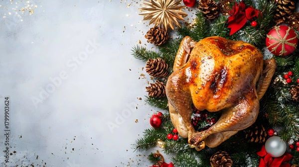 Obraz Golden roasted Christmas turkey white background