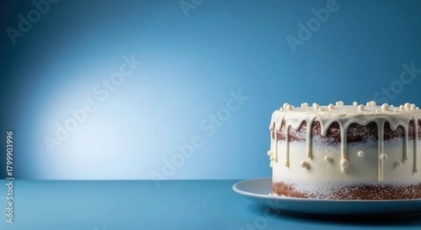 Fototapeta Birthday. Delicious chocolate birthday cake with creamy frosting, adorned with decorative sprinkles, placed on a blue background, perfect for children's celebrations and festive occasions