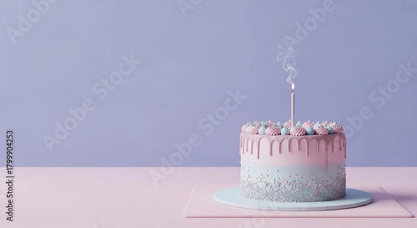 Fototapeta Birthday. Birthday cake with pink frosting and decorative elements, featuring a lit candle, set against a soft pastel background, perfect for children's celebrations and joyful moments