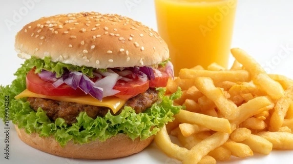 Obraz Tempting veggie burger with crispy potato wedges and chilled juice on white background wideangle shot