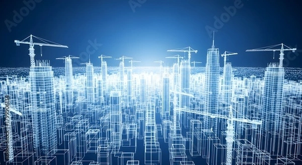 Obraz Modern blueprint of a digital city skyline under construction with cranes against a dark blue background, technology and innovation