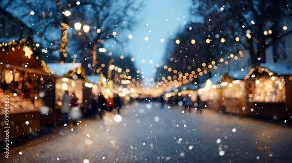Obraz Vibrant winter market scene with twinkling lights, snowflakes falling gently alongside wooden stalls displaying handmade ornaments, festive atmosphere, and cozy holiday spirit, copy space on right