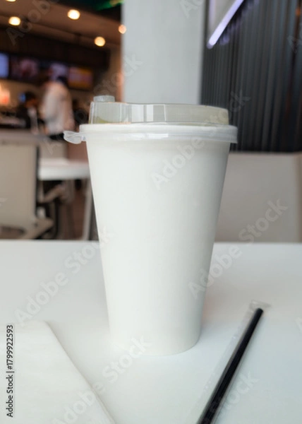 Obraz White Disposable Coffee Cup in Busy Cafe Environment