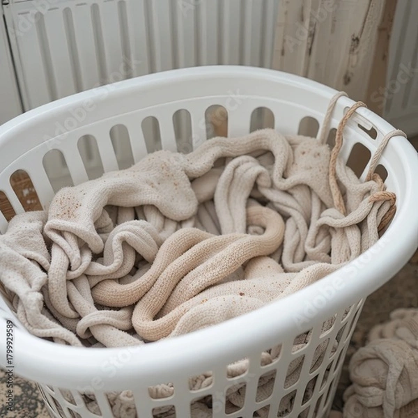 Obraz White Basket Full of Soft Blankets at Home, Lifestyle Scene, Cozy Environment, Captured from Above