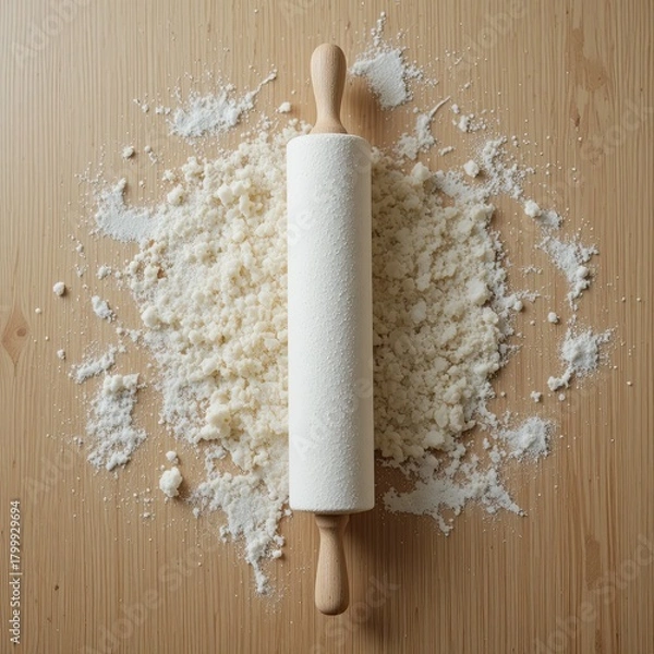 Obraz Baking Action, Rolling Pin, Kitchen Table, Food Photography, Warm Environment, Overhead View, Culinary Creativity