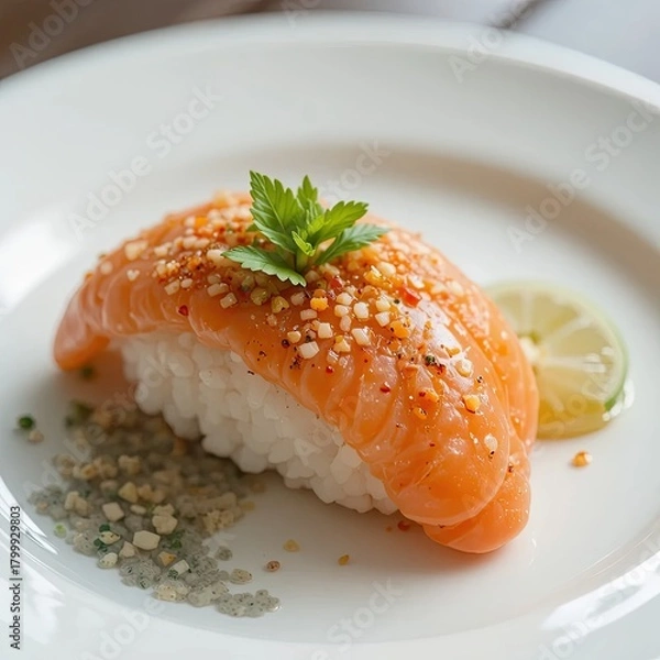 Obraz Gourmet Cuisine on a Plate, Fine Dining, Indoor Setting, Close-Up View, Freshness Concept