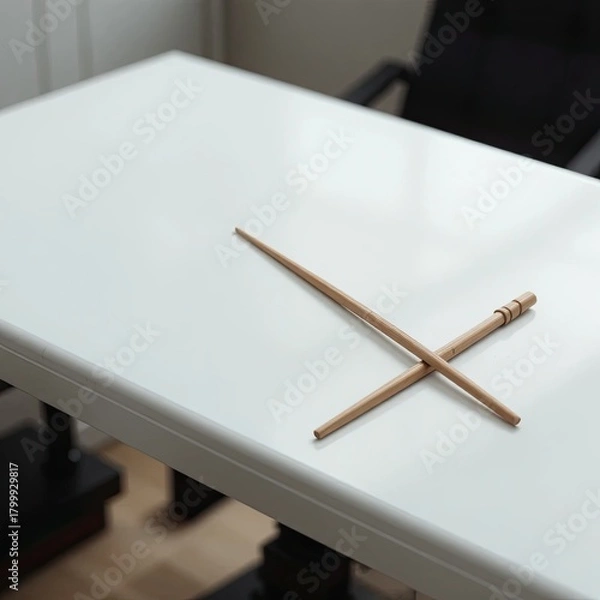 Obraz Solo Bamboo Chopsticks on a White Tablecloth, Minimalist Dining Scene, Modern Interior, Photography, Calm Atmosphere, Top View