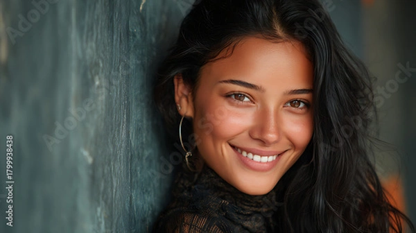 Obraz young hispanic woman with radiant smile looking directly at the camera capturing confidence happiness and modern beauty in a fresh portrait scene