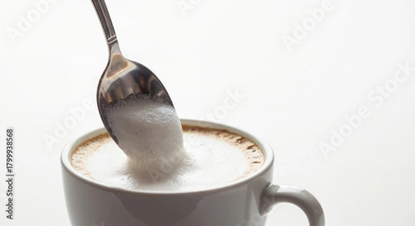 Obraz Close-up of a spoon stirring frothy coffee in a white cup with copy space
