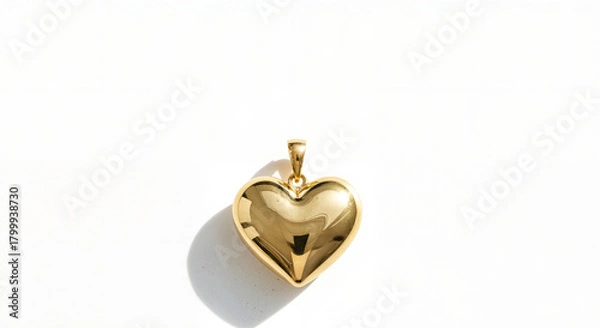 Obraz Shiny gold heart pendant on a white background with soft shadows and copy space