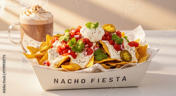 Obraz Delicious nachos topped with salsa, jalapenos, and cream served in a tray with copy space