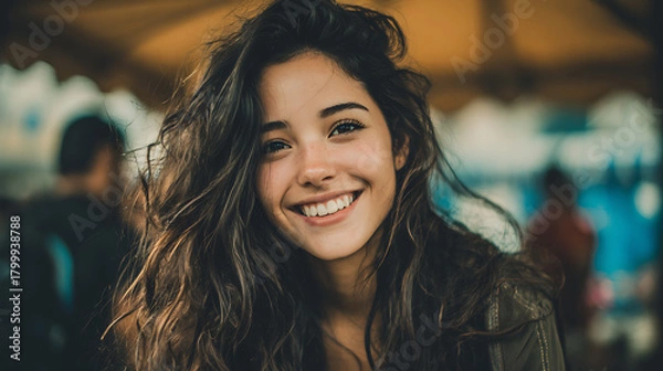 Obraz friendly hispanic young woman smiling warmly at the camera with natural charm positive vibe and soft daylight creating a simple elegant and cheerful portrait