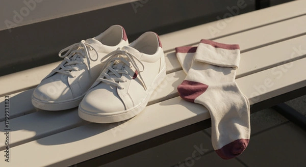 Obraz Stylish white sneakers paired with trendy socks on a wooden bench in natural light
