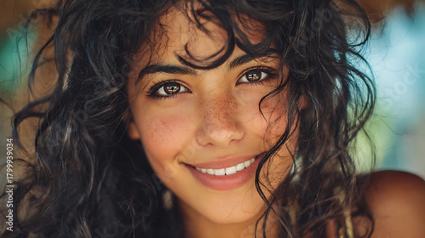 Obraz friendly hispanic young woman smiling warmly at the camera with natural charm positive vibe and soft daylight creating a simple elegant and cheerful portrait
